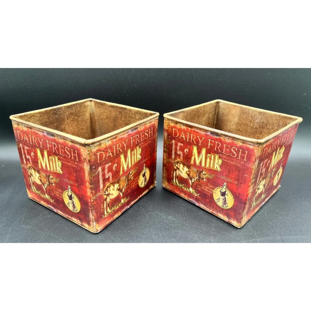 Vtg-Style Dairy Fresh Milk Metal Nesting Crates Tin 3 Piece‎ Set Farmhouse Decor